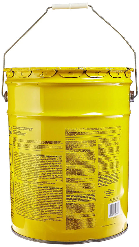 Natural Semi Transparent Exterior Wood Stain Five Gallon Linseed Oil deep penetrating finish in yellow bucket.