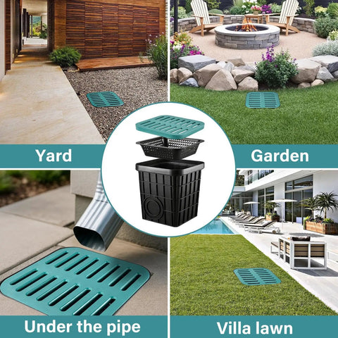 Square Catch Basin With Grate And Debris Basket For Outdoor Drainage Kit No Precut Outlet Holes shown in various outdoor settings