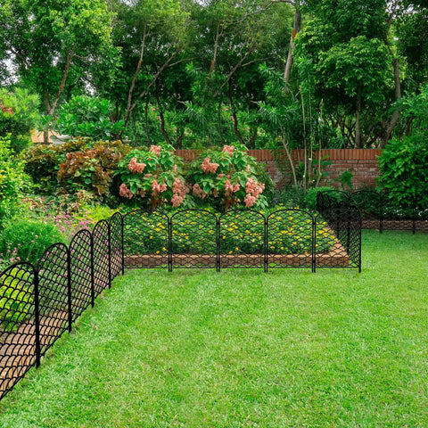 Arched Decorative Garden Fence Set Of 10 Panels With 24 Inch High Clearance, 13 Inch Wide Each, 10.8 Feet Long Total, Rustproof Metal Yard Border shown installed in garden.