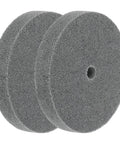 Two Pack Six Inch By One Inch 180 Grit Nylon Fiber Polishing Wheels With Five Eighth Inch Arbor showing gray fiber pads for grinding.
