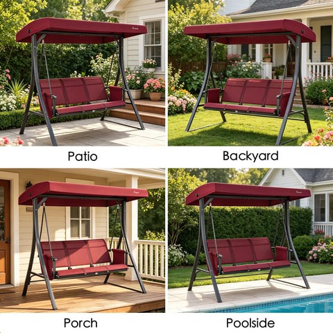 Collage of Outdoor Porch Swing Glider With Adjustable Canopy And Weather Resistant Steel Frame in various settings