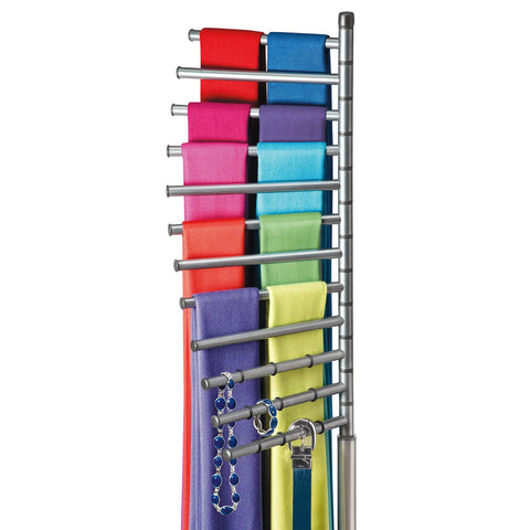 Floor Standing Accessory Organizer Rack for Scarves, Belts, and Jewelry with Pivoting 9 Inch Bars, Platinum Finish, side view