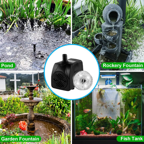 Submersible Pond Fountain Pump with Lit LED Lights in pond, rockery, garden fountain, and fish tank setup