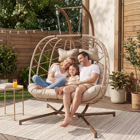 Double Hanging Egg Chair With Stand For Patio Or Balcony Oversized Two Person Outdoor Swing With Thick Cushions And All Weather Wicker Loveseat Beige with family sitting.