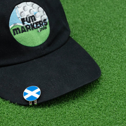 St Andrews Cross Golf Ball Marker Dope Premium Metal Alignment Tool 1 Inch Marker Clip on black hat with iconic blue background