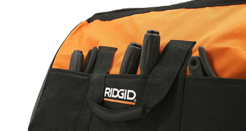 Canvas Power Tool Contractor Bag With Heavy Duty Cross Stitch Handles and external pockets holding various tools
