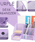 Purple Desk Organizer Set 12 Pieces with Tape Dispenser Stapler Staples Staple Remover Pen Holder Scissors Ruler Sticky Tabs Tape Ballpoint Pen Clips All In One Home Office Essentials, showing mesh design and features.