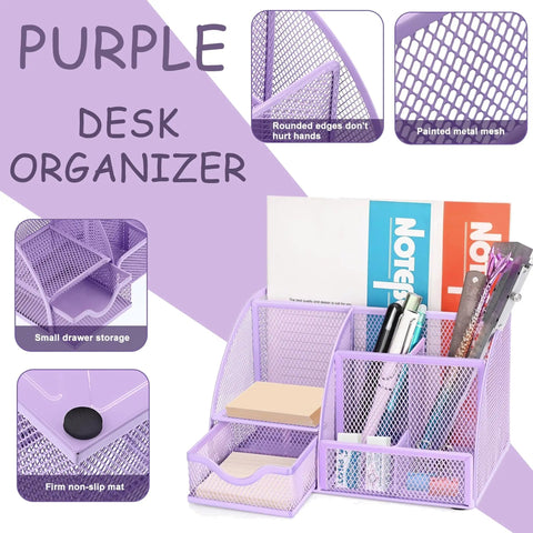 Purple Desk Organizer Set 12 Pieces with Tape Dispenser Stapler Staples Staple Remover Pen Holder Scissors Ruler Sticky Tabs Tape Ballpoint Pen Clips All In One Home Office Essentials, showing mesh design and features.