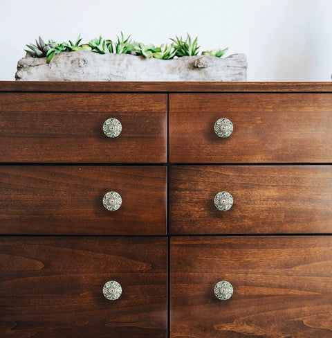 Dark wooden dresser with 12 Pack Ceramic Cabinet Knobs With Reversible Metal Backplates For Kitchen And Wardrobe Handmade Floral Knobs