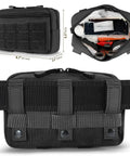 Trauma First Aid Kit With Tourniquet And Israeli Bandage 34 Piece Tactical Emergency Gear For Car Camping Hiking And Travel Black Bleeding Control Essentials You Can Grab And Go, showing open pouch with contents and MOLLE attachment.