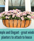 Slap These Black Metal Wall Planters On Any Deck Railing For A Quick Backyard Glow Up With A 2 Pack Of 24 Inch Outdoor Garden Boxes Equipped With Natural Coco Liners For Fence Balcony And Patio Vibes with pink daisies.