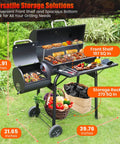 Dual Chamber Charcoal Grill With Offset Smoker, Spacious 510 Sq In Cooking Space on grass with open chambers and food