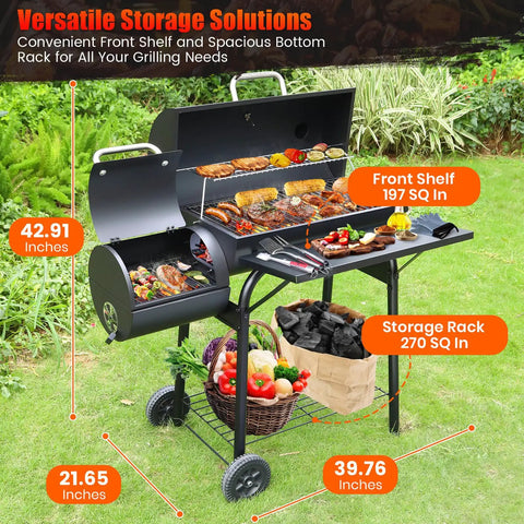 Dual Chamber Charcoal Grill With Offset Smoker, Spacious 510 Sq In Cooking Space on grass with open chambers and food