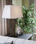 Natural Slate Finish Rustic Table Lamp With Oil Rubbed Bronze Accents, Alexa Compatible End Table Lighting in living room setting