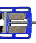 Top view of LDPV-6 6 Inch Drill Press Vise with cast iron body and texture jaws, blue finish, showing slotted base and handle.