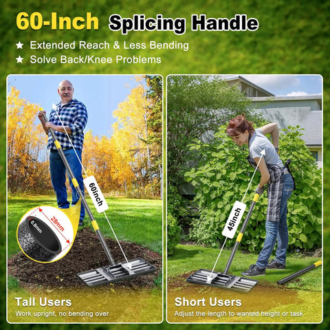 Heavy Duty Lawn Leveling Rake with 60 Inch Handle, used by tall and short users, stainless steel plate for landscaping.