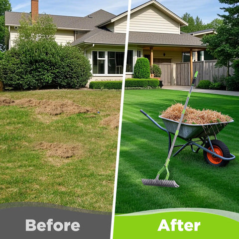 Before and after using 15 Inch Thatching Rake For Lawns With 5 Foot Handle Beefy Heavy Duty Dethatcher Rake With Adjustable Head