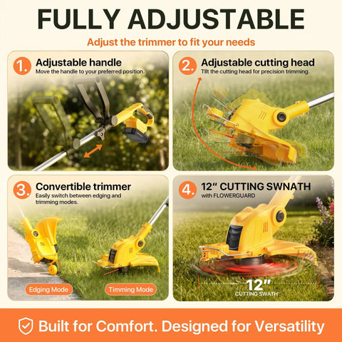 21V Cordless Weed Wacker 12 Inch Trimmer With Auto Line Feed Battery Powered Weed Eater showing adjustable handle and cutting modes.