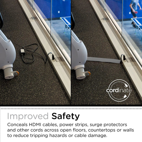 10ft Floor Cord Cover Cable Protector Heavy Duty Cord Hider for home and office, gray, shown preventing tripping hazards.