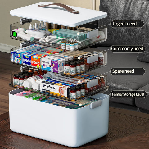 CTIME 4-tier XL medicine organizer with leather handle; white base and clear drawers filled with pills