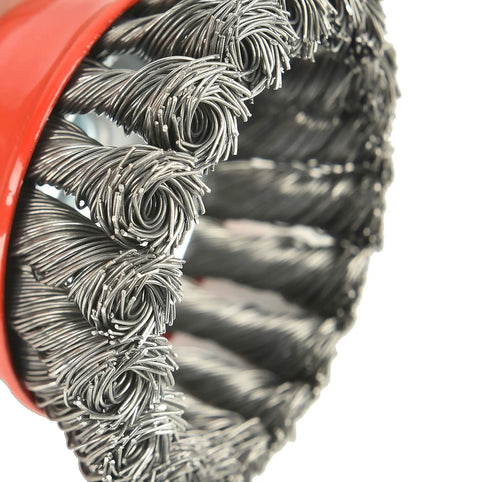 Close-up of twisted knotted bristles on 3 Inch Wire Cup Brush Set Four Pack Twisted Knotted Cup Brushes For Grinders With 5 8 11 Threaded Arbor