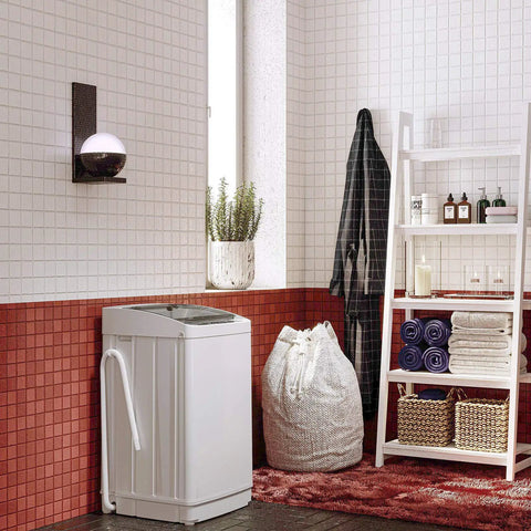 No Sweat Full Automatic Portable Washing Machine With Smart Drain Pump And Auto Water Control Compact Laundry Washer in modern laundry room.