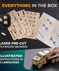 Military Truck 3D Puzzle Kit for Adults, wooden laser-cut plywood parts and illustrated instructions