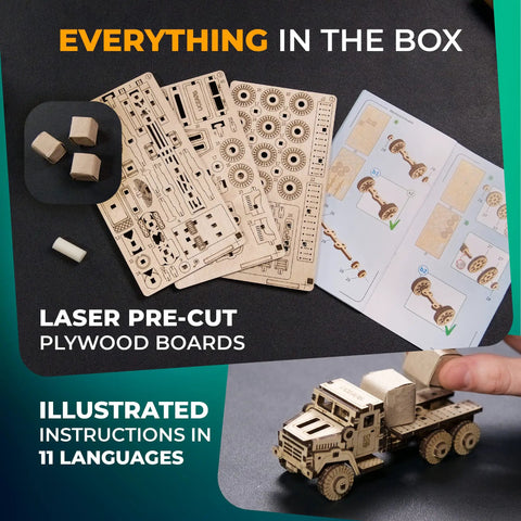 Military Truck 3D Puzzle Kit for Adults, wooden laser-cut plywood parts and illustrated instructions