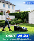 18 Inch 40V Max Brushless Cordless Push Lawn Mower With 4.0Ah Battery, 148Wh Total Power, Charger Included, Up To One Eighth Of An Acre Coverage, About 30 Minute Runtime, Lightweight, Easy Start, Mulch And Side Discharge Options woman mowing grass in a backyard