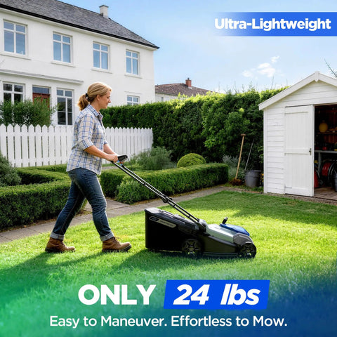 18 Inch 40V Max Brushless Cordless Push Lawn Mower With 4.0Ah Battery, 148Wh Total Power, Charger Included, Up To One Eighth Of An Acre Coverage, About 30 Minute Runtime, Lightweight, Easy Start, Mulch And Side Discharge Options woman mowing grass in a backyard