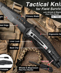 Side view of black tactical folding knife with straight and serrated blades, ergonomic handle, 8.5 inch overall length.