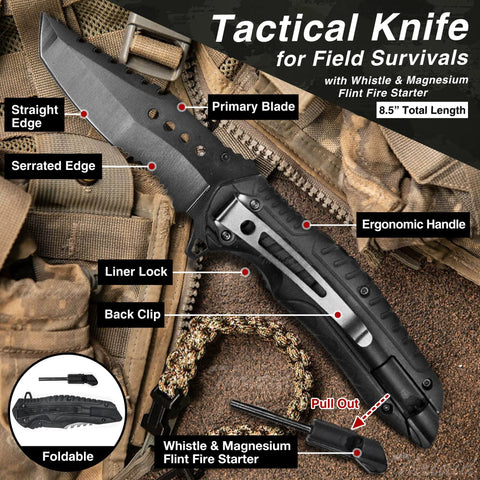Side view of black tactical folding knife with straight and serrated blades, ergonomic handle, 8.5 inch overall length.
