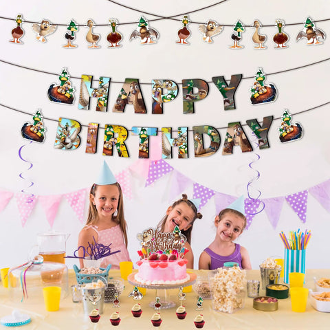 Colorful birthday party with children, cake, drinks, and decorations including garlands spelling 'Happy Birthday' and festive icons.
