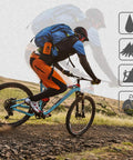 Cyclist with Emergency Sleeping Bag Survival Bivy Sack Lightweight Emergency Blanket for Outdoor Hiking and Camping Keep Warm After Earthquakes Hurricanes and Other Disasters Grab And Go Gear attached to backpack.