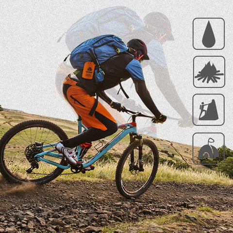 Cyclist with Emergency Sleeping Bag Survival Bivy Sack Lightweight Emergency Blanket for Outdoor Hiking and Camping Keep Warm After Earthquakes Hurricanes and Other Disasters Grab And Go Gear attached to backpack.