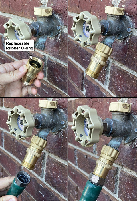 Close-up: lead-free brass 3/4-inch hose-thread water pressure regulator; replaceable rubber O-ring being installed.
Side view of outdoor faucet with beige-handled lead-free brass water pressure regulator attached to 3/4-inch hose-thread.
Front view of brass pressure regulator on the spigot, showing beige control knob and 3/4-inch hose-thread outlet.
Installed view: regulator connected to a green hose via 3/4-inch hose-thread on an outdoor faucet.