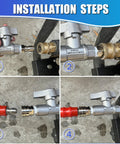 Installation steps collage of M MINGLE 3/8-inch ball valve for pressure washer hose (5000 PSI).
