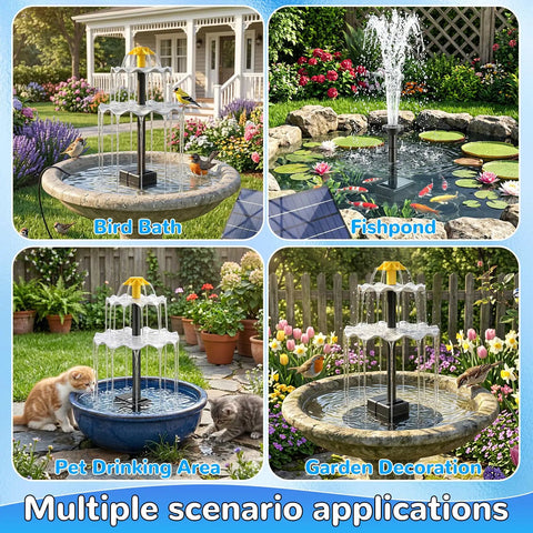 Sun Powered Water Fountain Kit With 2.5W Solar Panel, Four Spray Nozzles, And 9.54 Ft Cable for garden and pond use
