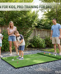 Family using Dual Turf Golf Mat 5x4ft for backyard practice with alignment and approach aid, surrounded by greenery.