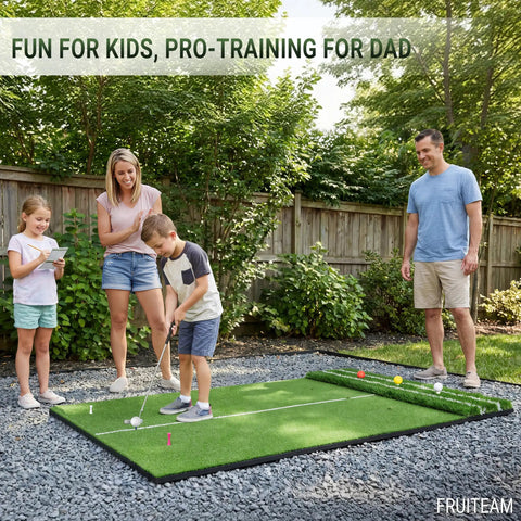 Family using Dual Turf Golf Mat 5x4ft for backyard practice with alignment and approach aid, surrounded by greenery.