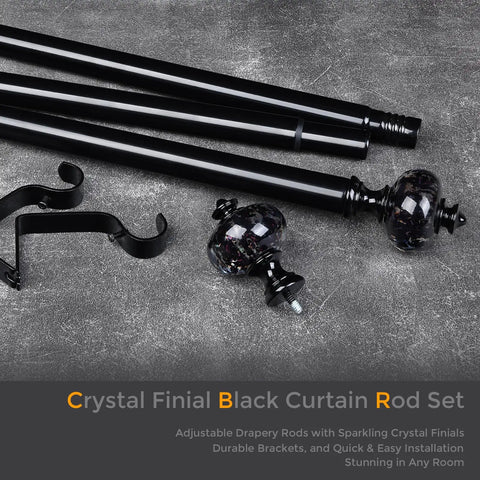 Black Curtain Rod For Windows 30-88 Inches, Heavy Duty Adjustable Drapery Rod With Crystal Finials shown on gray surface