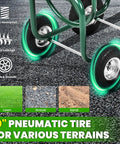 Close-up of Beefy Heavy Duty Hose Reel Cart wheels on various terrains, showing 10-inch pneumatic tires for stability and shock absorption.