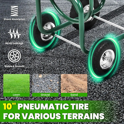 Close-up of Beefy Heavy Duty Hose Reel Cart wheels on various terrains, showing 10-inch pneumatic tires for stability and shock absorption.