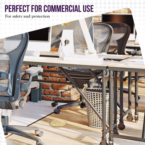 Office workspace with Five Point Six Two Five Inch Dual Flip Lid Floor Box Cover For 1 Gang 20A Tamper-Resistant Type A Duplex Outlet Brass visible.