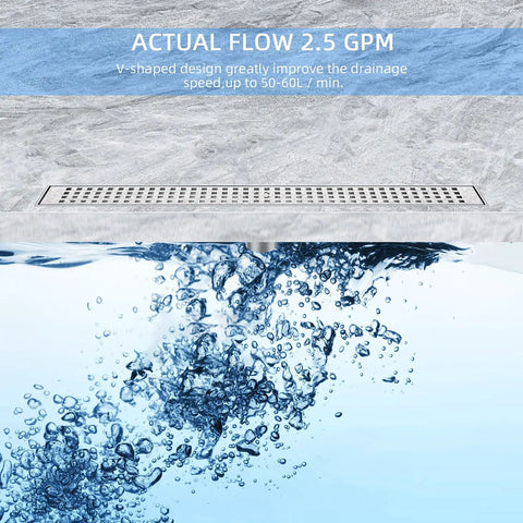 36 Inch Linear Shower Drain In Brushed Nickel 304 Stainless Steel Floor Drain For Bathroom Rectangular Removable Grate Modern Durable Shower Floor Drain For A Sleek Boss Level Look showing water flow efficiency with bubbles