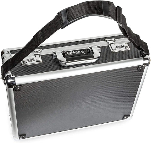Medium Aluminum Hard Case With Pre Cut Foam For Easy Travel And Storage Of Drones And Gear For DJI Mavic Series Autel Evo Ryze Tello And More Built Tough For Real World Travel displayed with shoulder strap.