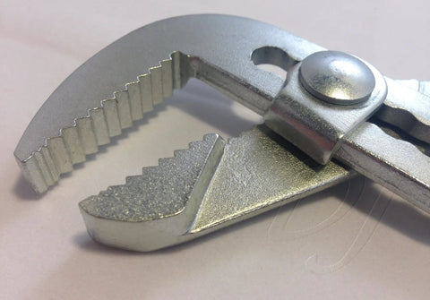Close-up of 10 Inch Tongue And Groove Pliers With Angle Nose Slip Joint Pump Pliers showing pipe wrench style teeth, zinc plated finish.