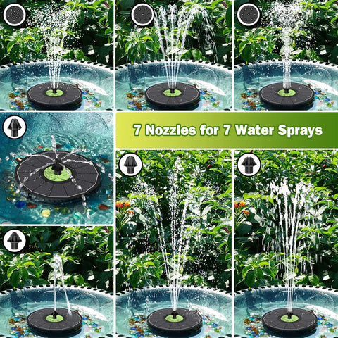 Upgraded Glass Panel Solar Fountain Pump for Bird Bath and Garden Pond with 7 nozzle modes in action