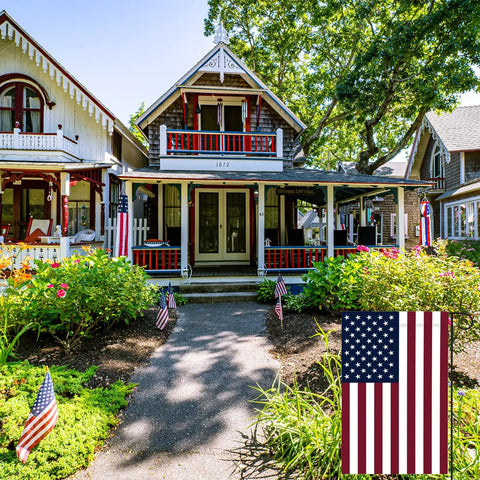 Victorian house with Patriotic 12x18 Inch Garden Flag For Yard Double Sided USA Flag American Pride Outdoor Decor