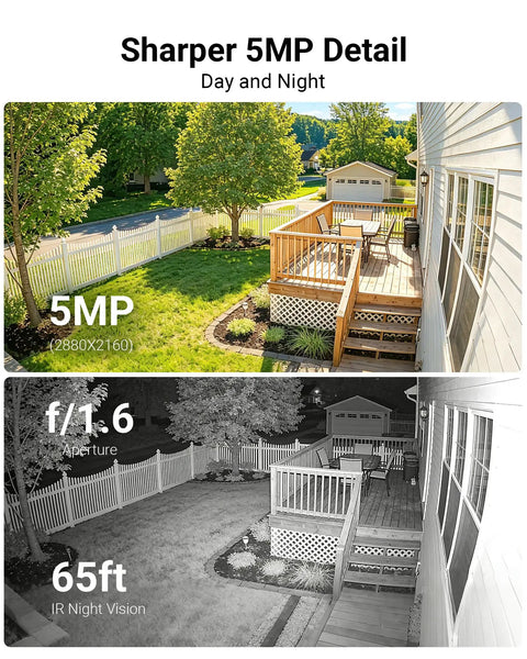 Ace Out Tighter Site Watch With This Wired Pan Tilt Security Camera Designed To Plug Straight Into Your Existing 4K Or 5MP Dvr Recorder For Smooth Indoor And Outdoor Patrol Tracking, showing day and night views of a yard.